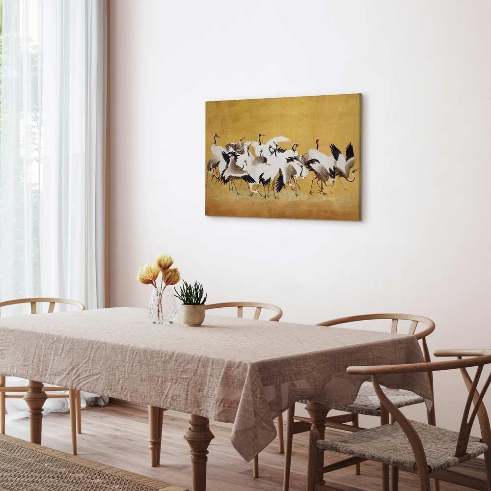 Obraz - Japońskie żurawie - stado ptaków na tle w odcieniu złota na podstawie obrazu Ishida Yūtei