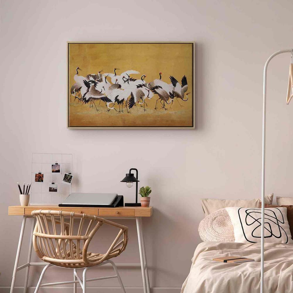 Obraz - Japońskie żurawie - stado ptaków na tle w odcieniu złota na podstawie obrazu Ishida Yūtei