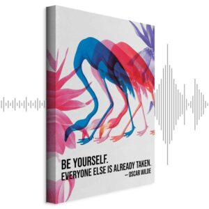 Obraz - Kolorowe Flamingi - inspirujący cytat z barwnymi sylwetkami ptaków