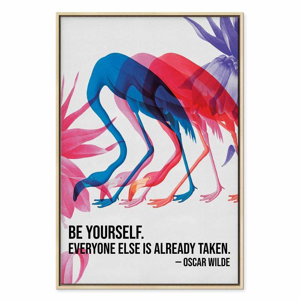 Obraz - Kolorowe Flamingi - inspirujący cytat z barwnymi sylwetkami ptaków