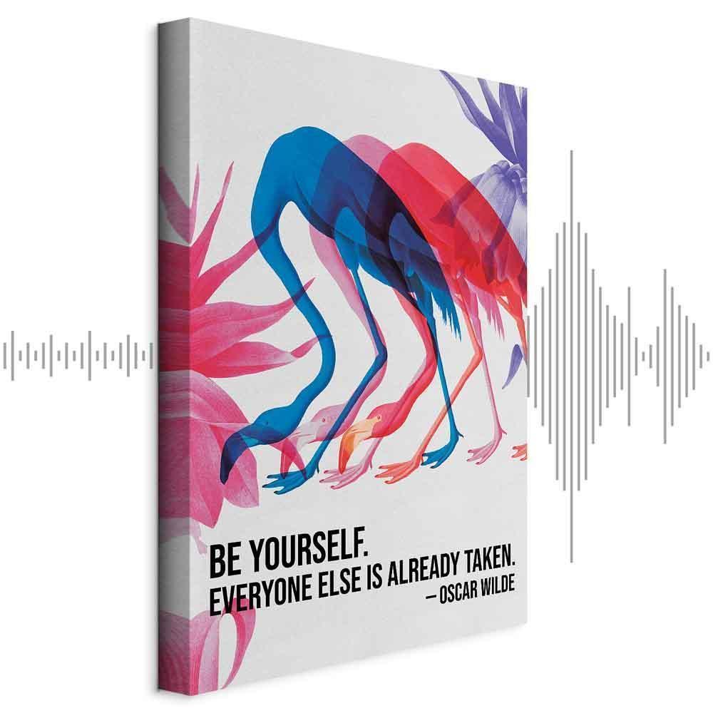Obraz - Kolorowe Flamingi - inspirujący cytat z barwnymi sylwetkami ptaków