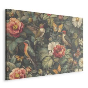 Obraz - Kwiaty, ptaki i motyle - ilustracja w stylu vintage