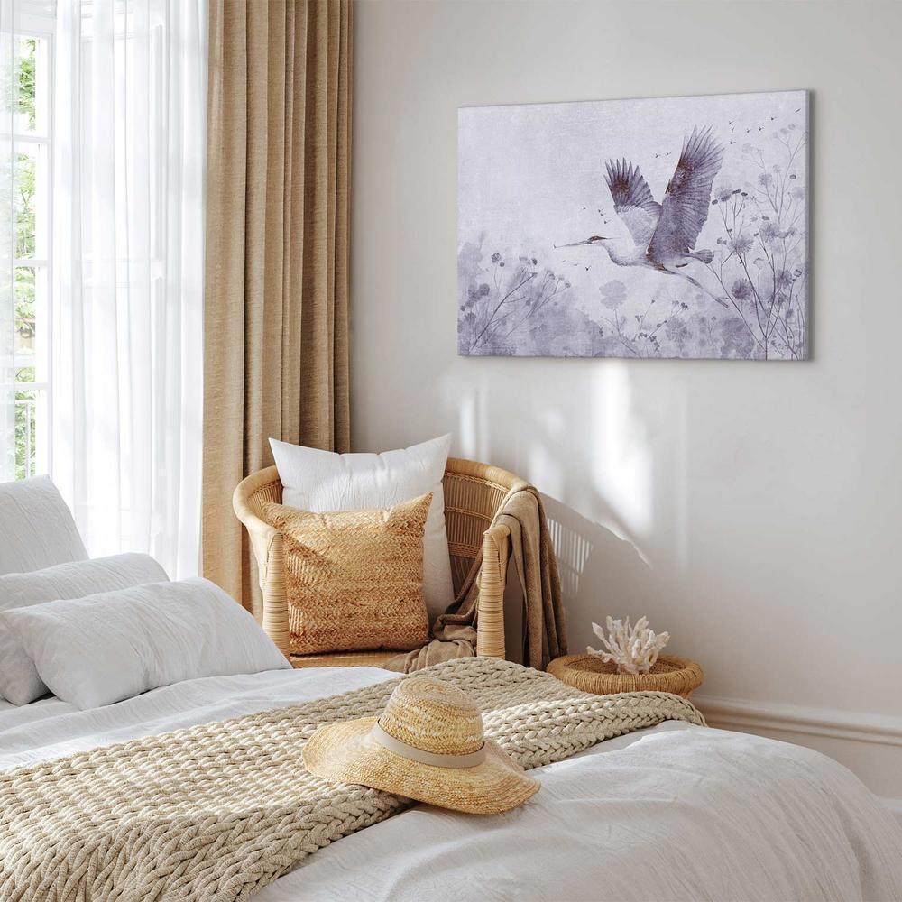 Obraz - Majestatyczny lot - żuraw w locie w monochromatycznej, chłodnej kolorystyce