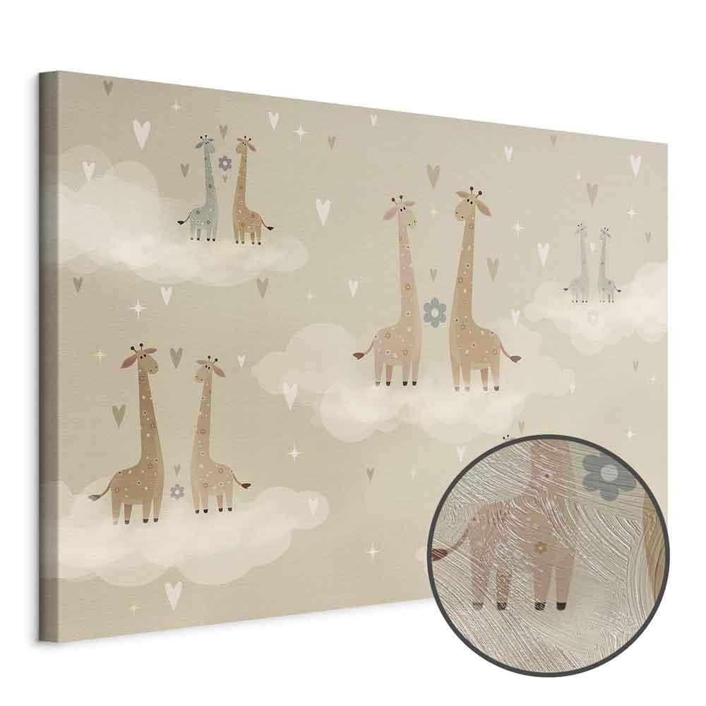 Obraz - Miłość - kolorowe żyrafy unoszące się na chmurach wśród serc i gwiazd