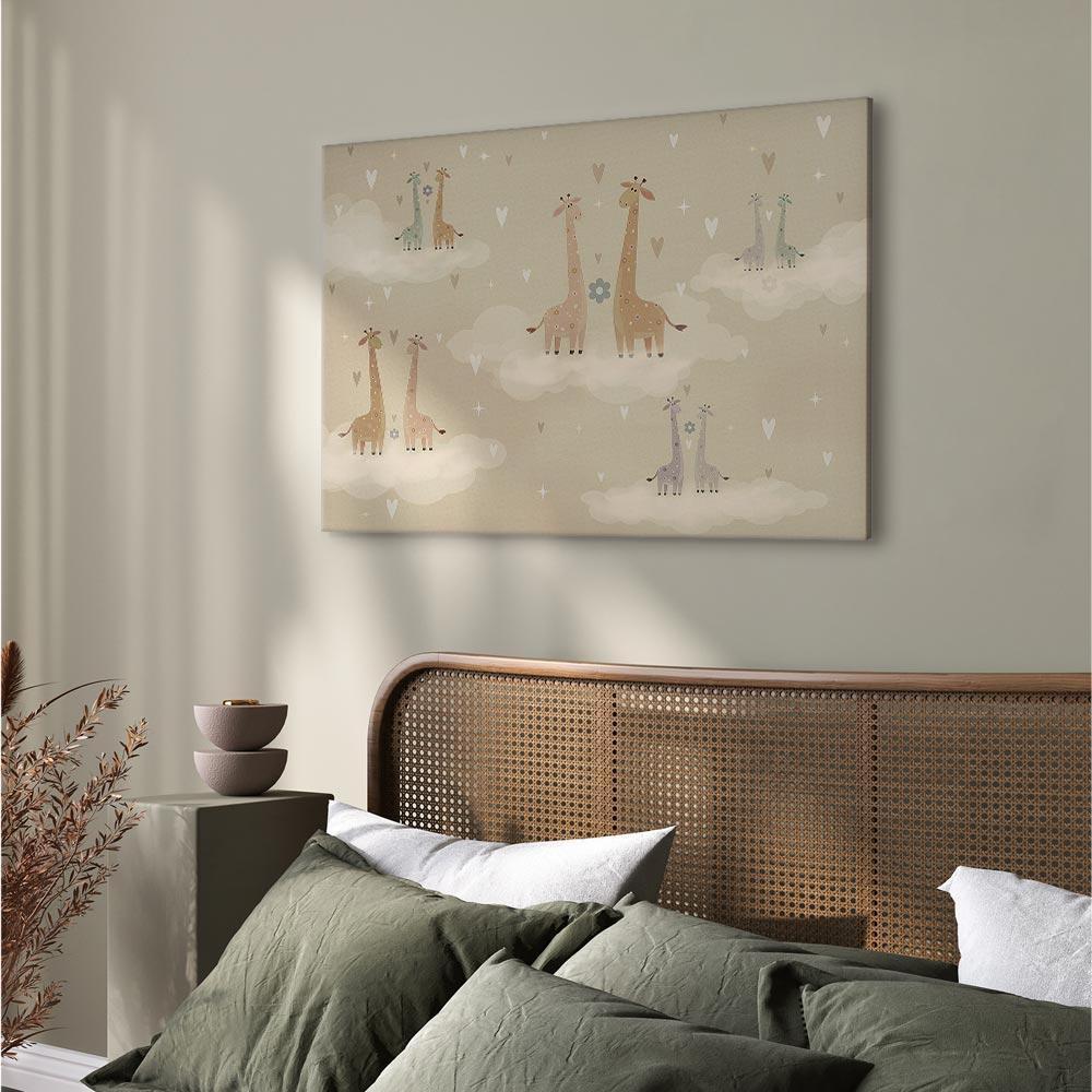 Obraz - Miłość - kolorowe żyrafy unoszące się na chmurach wśród serc i gwiazd