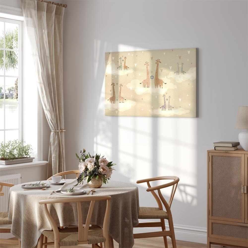 Obraz - Miłość - kolorowe żyrafy unoszące się na chmurach wśród serc i gwiazd