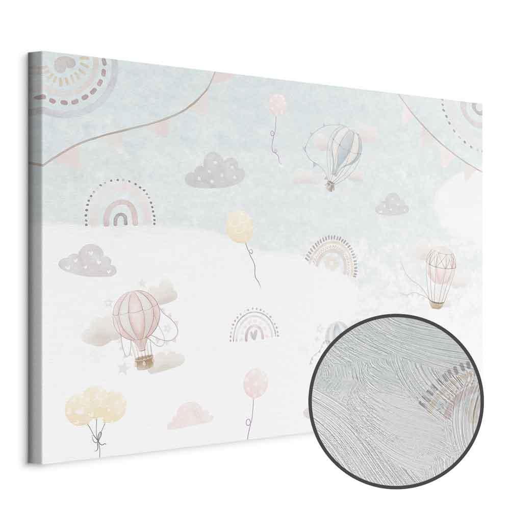 Obraz - Niebo z balonami - Balony w stonowanej kolorystyce latające po niebie wśród chmur tęczy i gwiazd