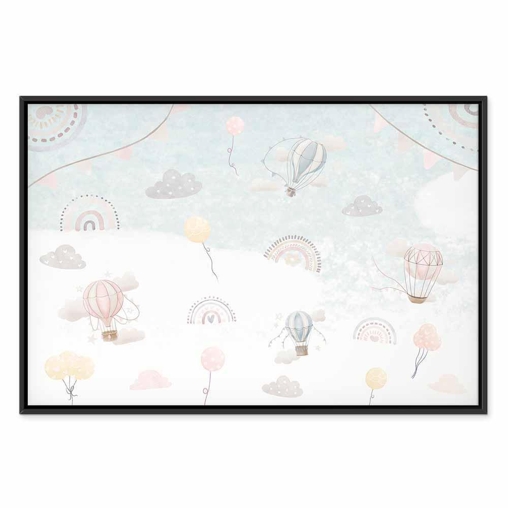 Obraz - Niebo z balonami - Balony w stonowanej kolorystyce latające po niebie wśród chmur tęczy i gwiazd