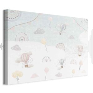 Obraz - Niebo z balonami - Balony w stonowanej kolorystyce latające po niebie wśród chmur tęczy i gwiazd