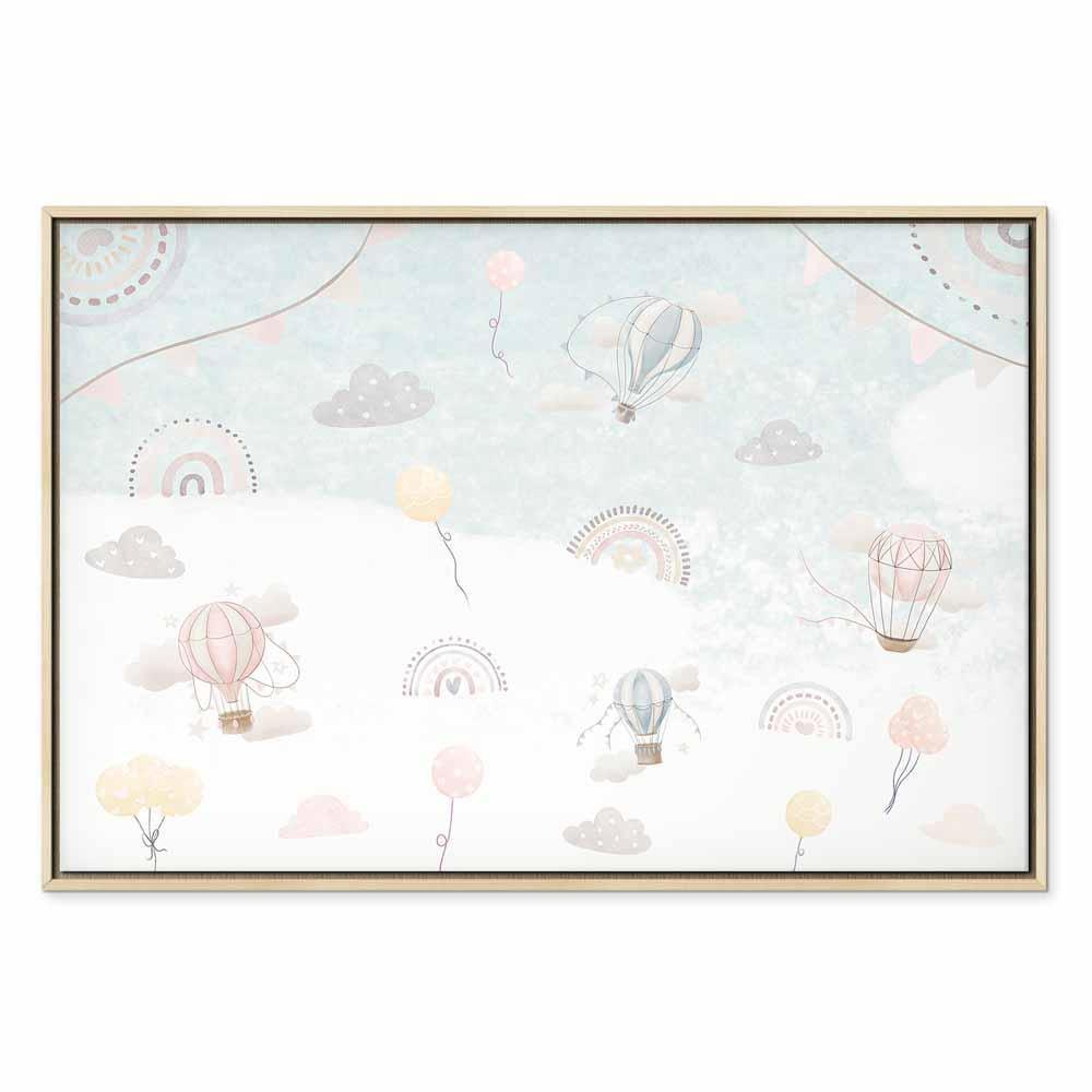 Obraz - Niebo z balonami - Balony w stonowanej kolorystyce latające po niebie wśród chmur tęczy i gwiazd