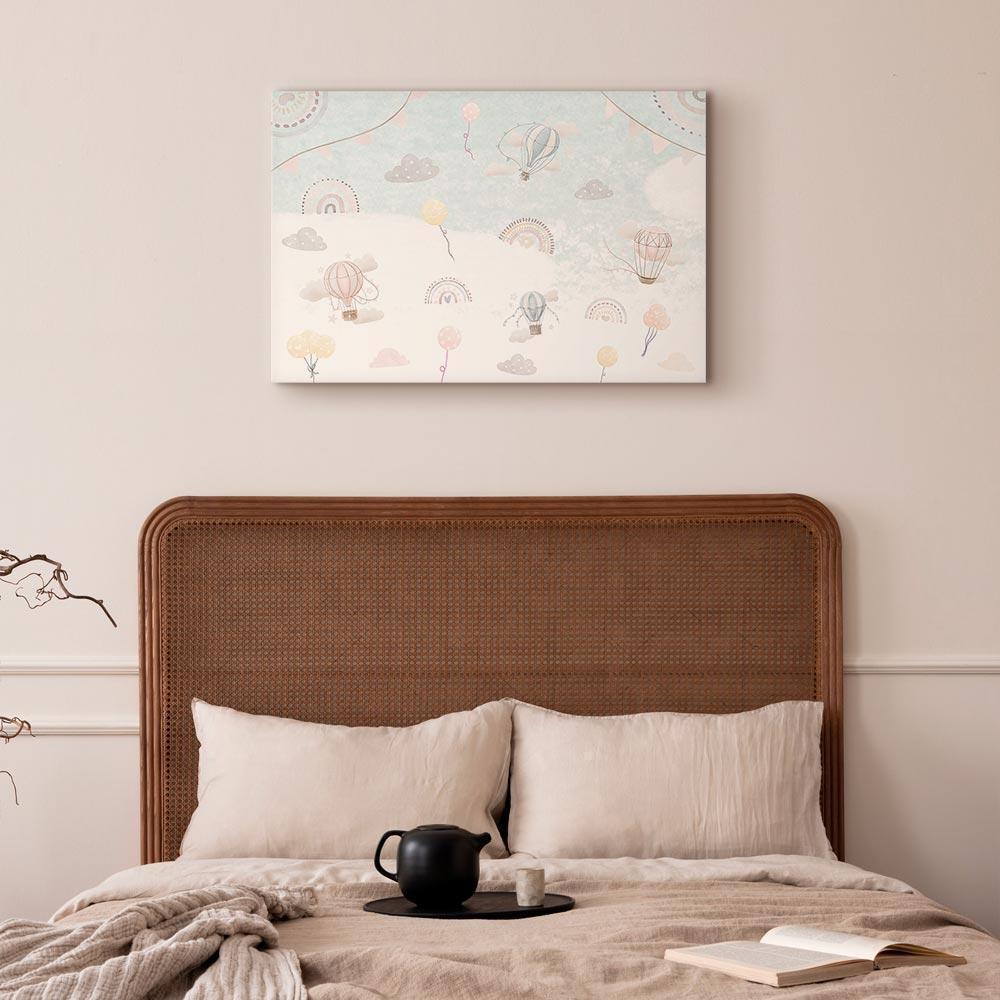 Obraz - Niebo z balonami - Balony w stonowanej kolorystyce latające po niebie wśród chmur tęczy i gwiazd