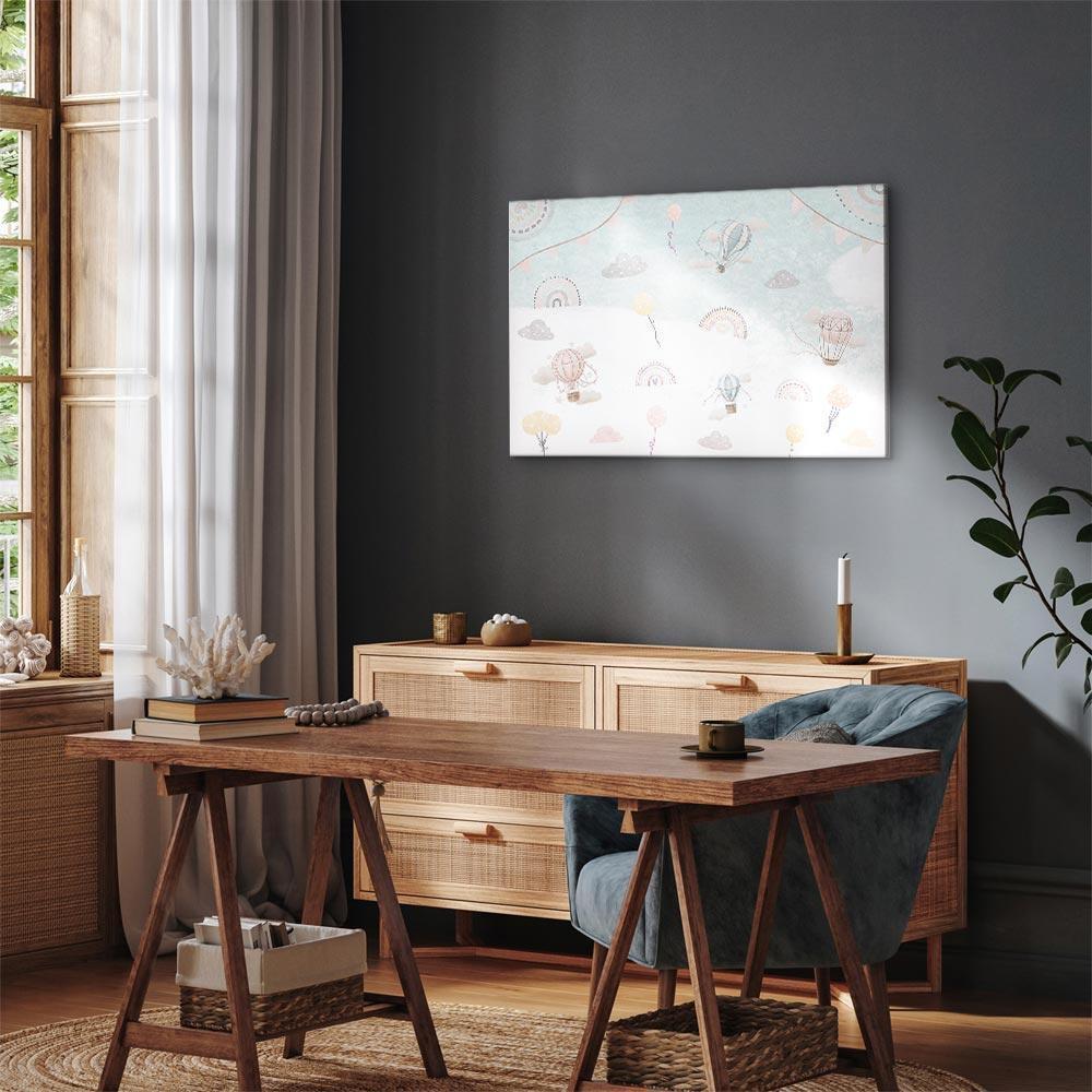 Obraz - Niebo z balonami - Balony w stonowanej kolorystyce latające po niebie wśród chmur tęczy i gwiazd