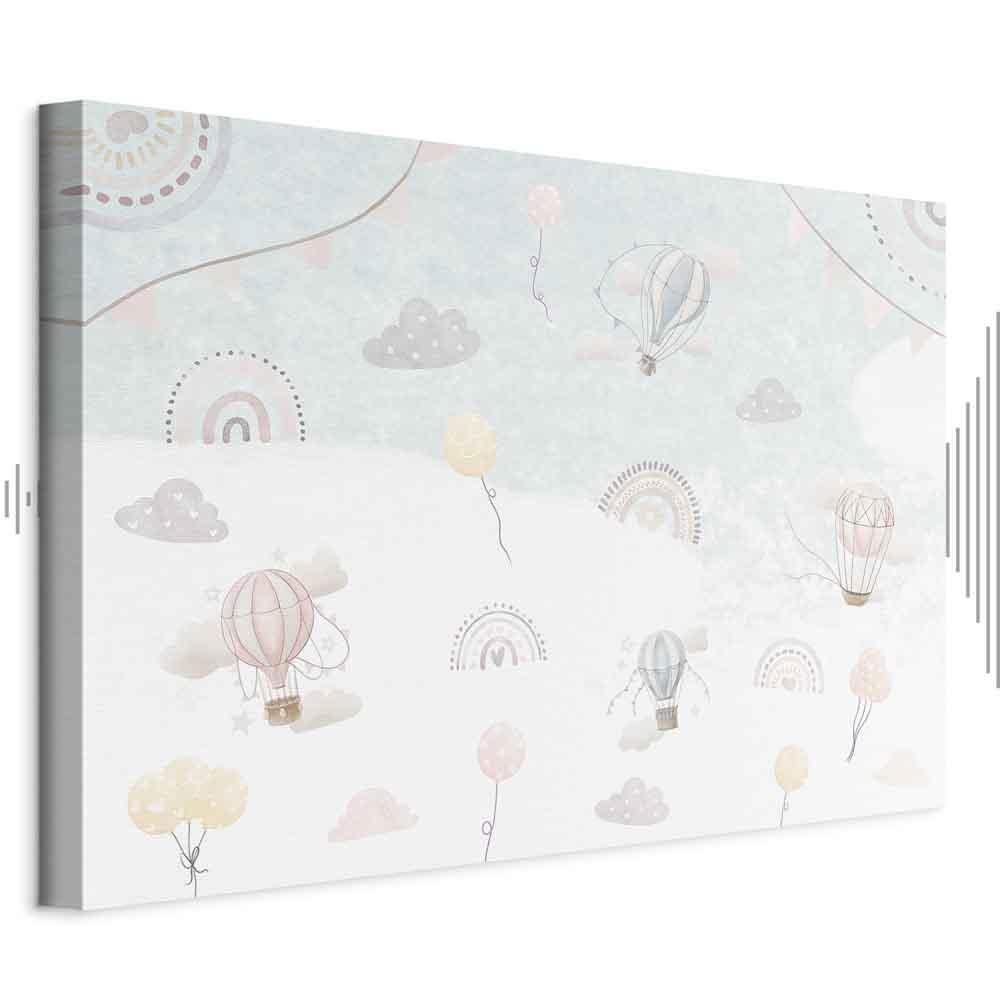 Obraz - Niebo z balonami - Balony w stonowanej kolorystyce latające po niebie wśród chmur tęczy i gwiazd