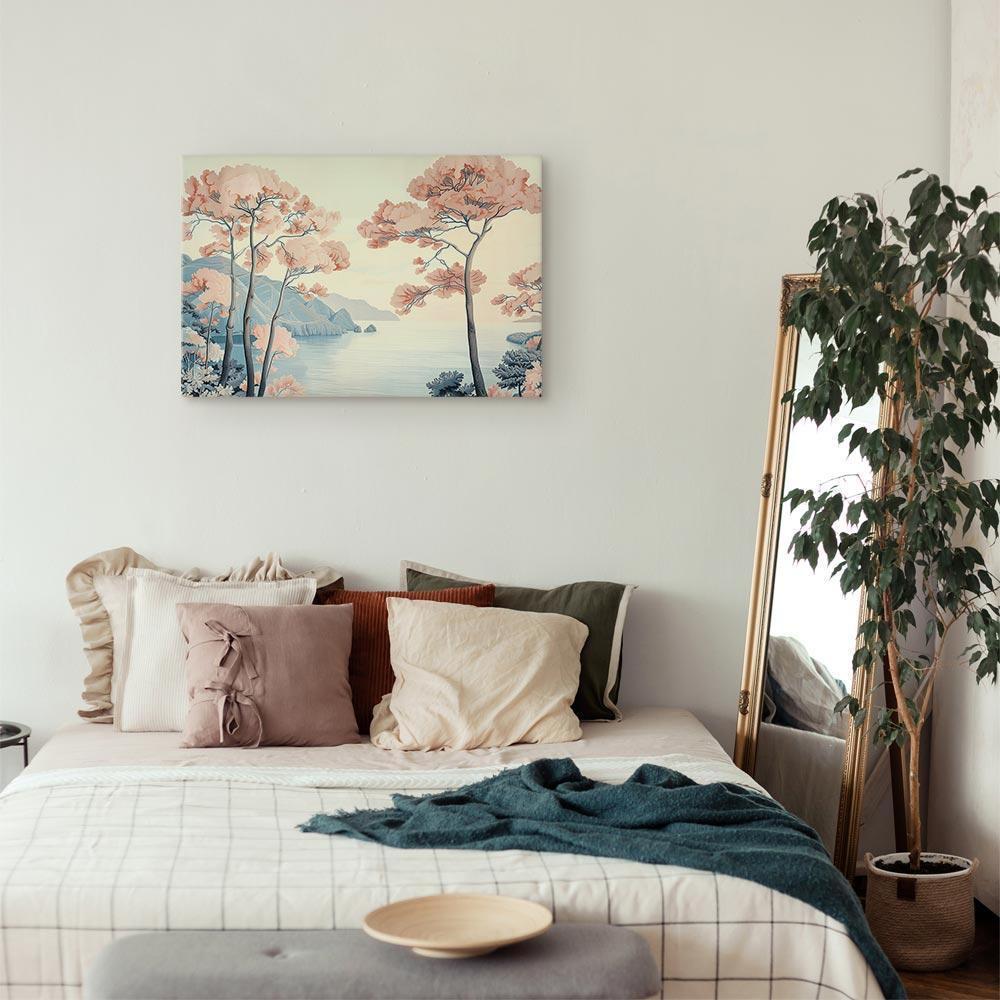Obraz - Pejzaż z oceanem klifami i drzewami w delikatnych różowych barwach