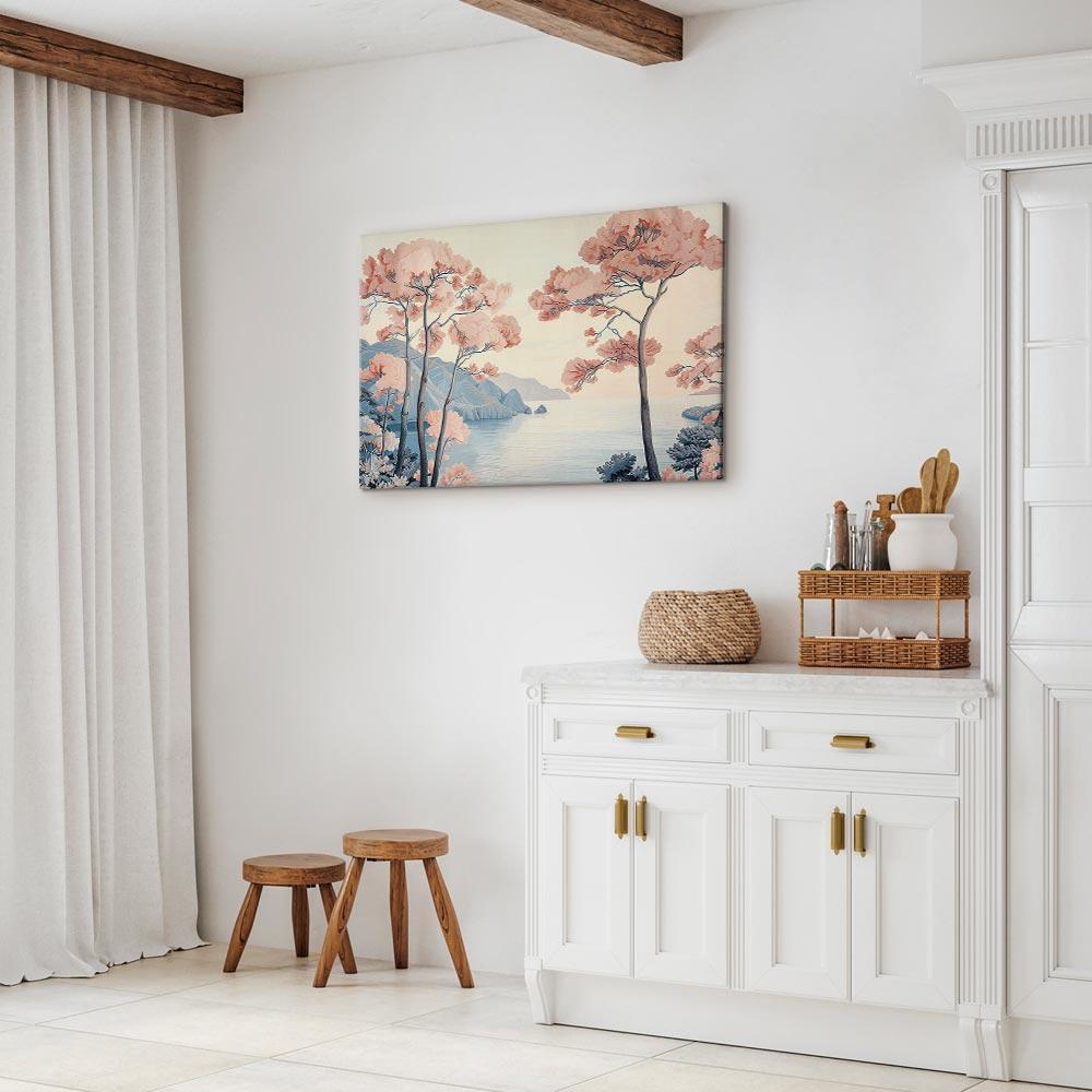 Obraz - Pejzaż z oceanem klifami i drzewami w delikatnych różowych barwach