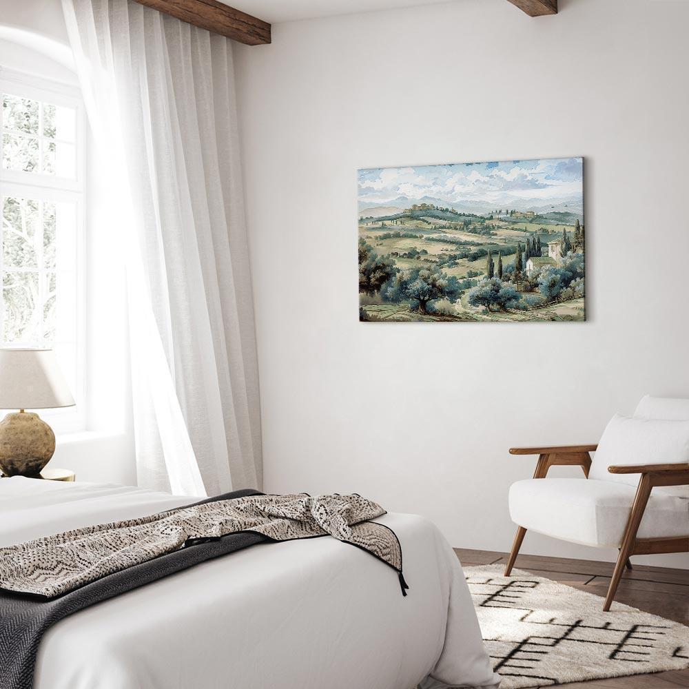 Obraz - Pejzaż z zielonymi polami i drzewami toskański słoneczny widok