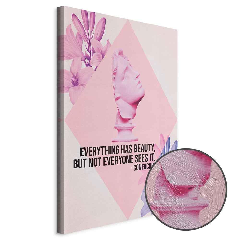Obraz - Piękno w Oczach - inspirujący cytat z różowym popiersiem i kwiatami