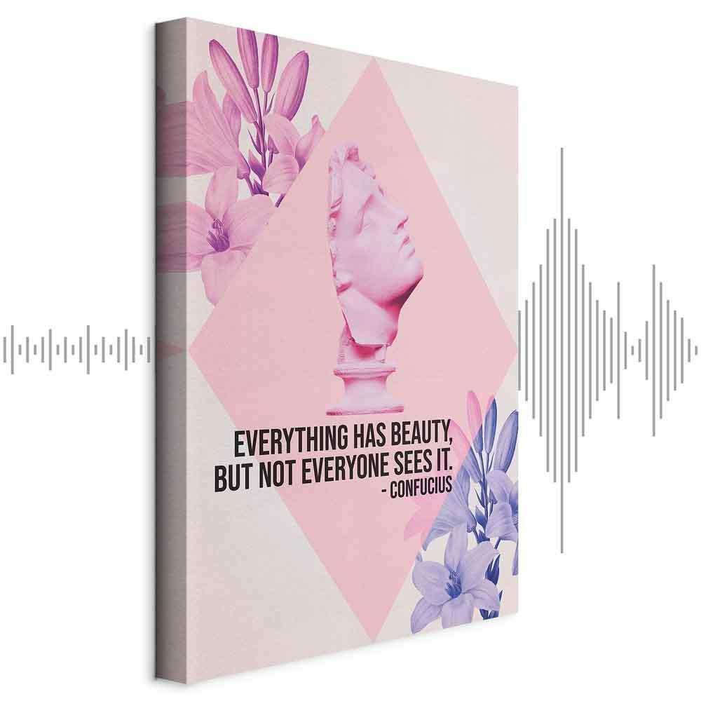 Obraz - Piękno w Oczach - inspirujący cytat z różowym popiersiem i kwiatami