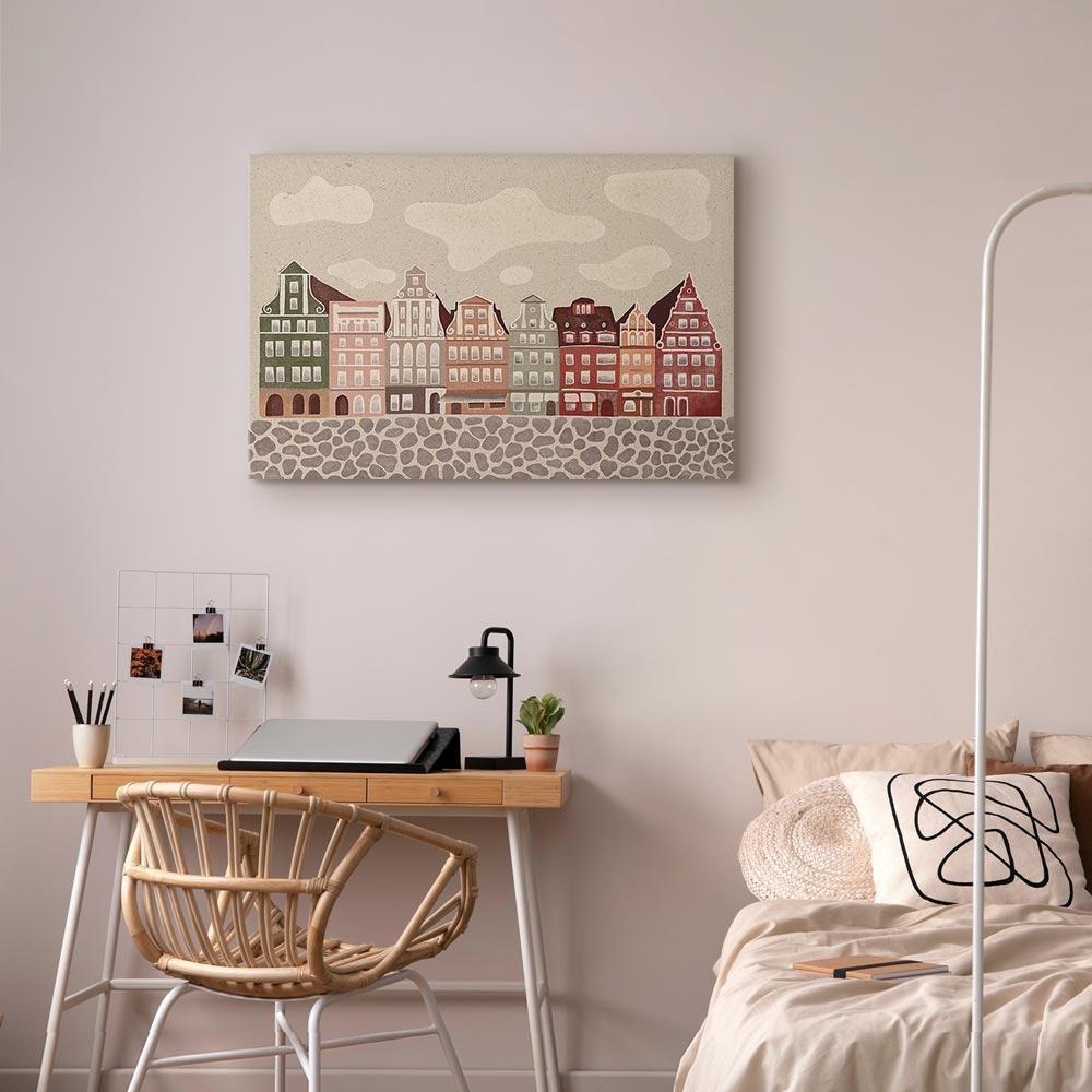 Obraz - Plac Solny - kolorowe ilustrowane kamieniczki na tle nieba z chmurami