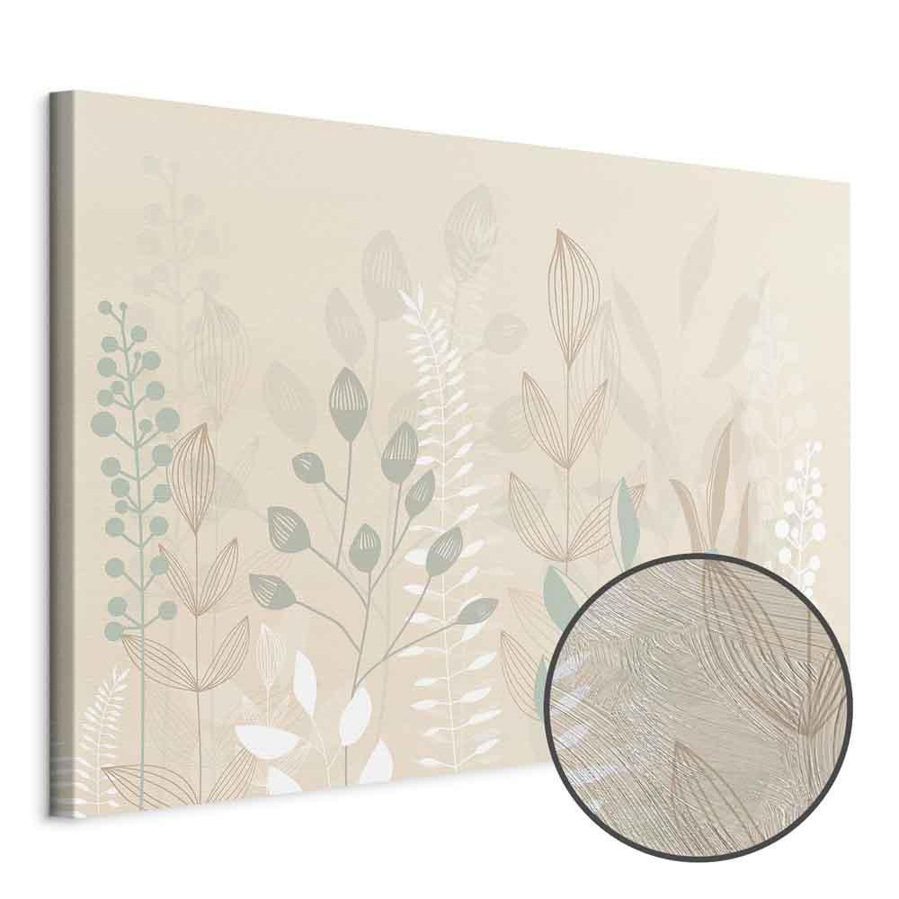 Obraz - Poranek na polanie - pastelowe różnorodne rośliny na beżowym tle