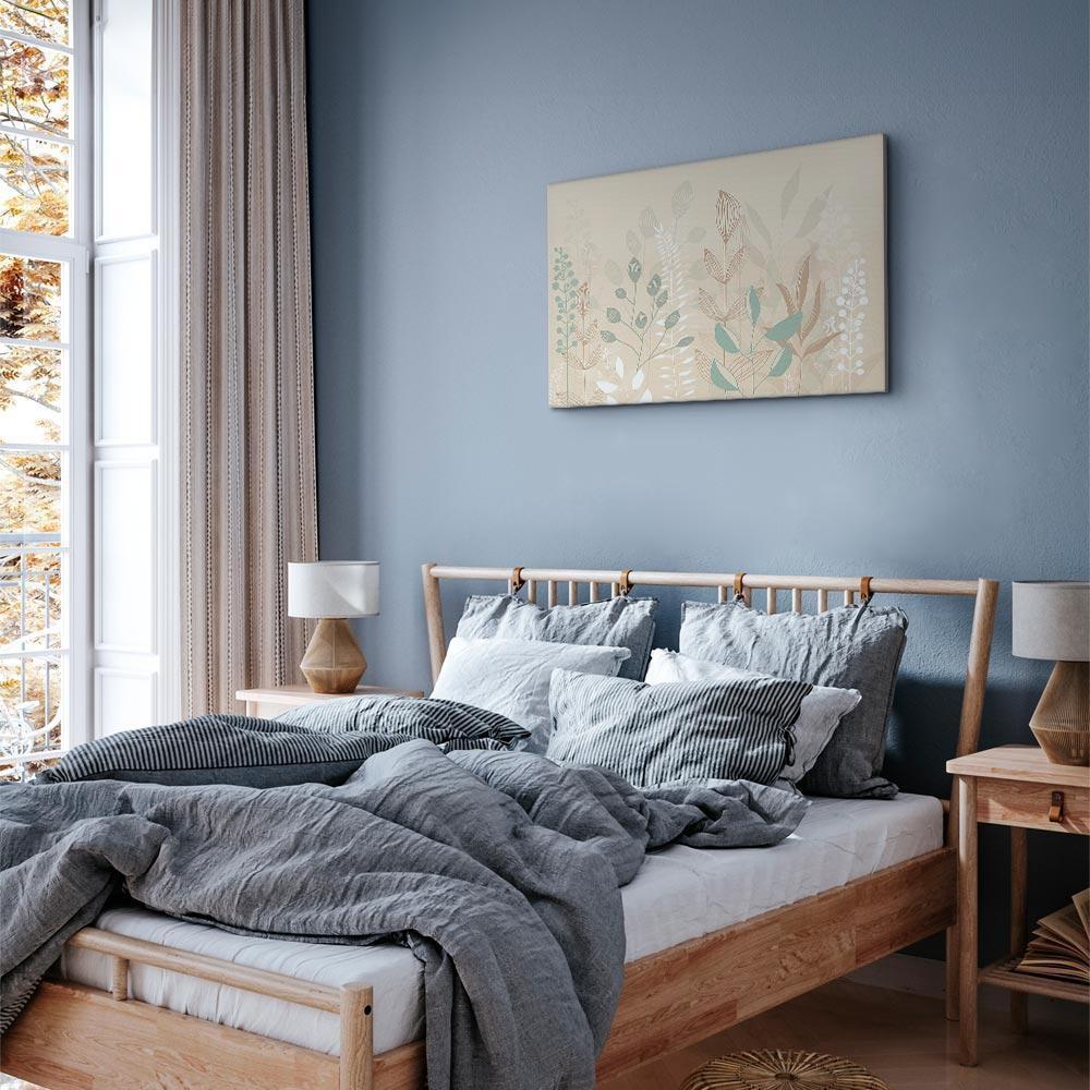 Obraz - Poranek na polanie - pastelowe różnorodne rośliny na beżowym tle