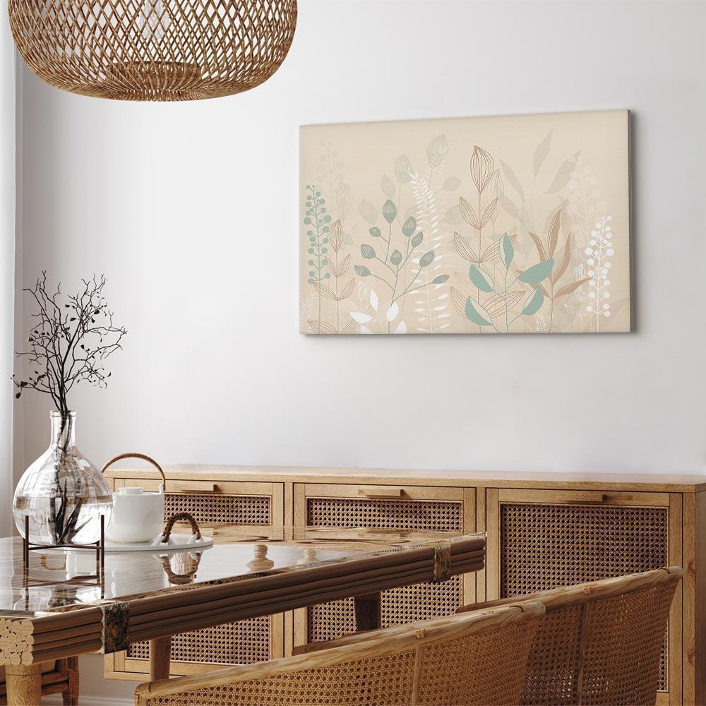 Obraz - Poranek na polanie - pastelowe różnorodne rośliny na beżowym tle