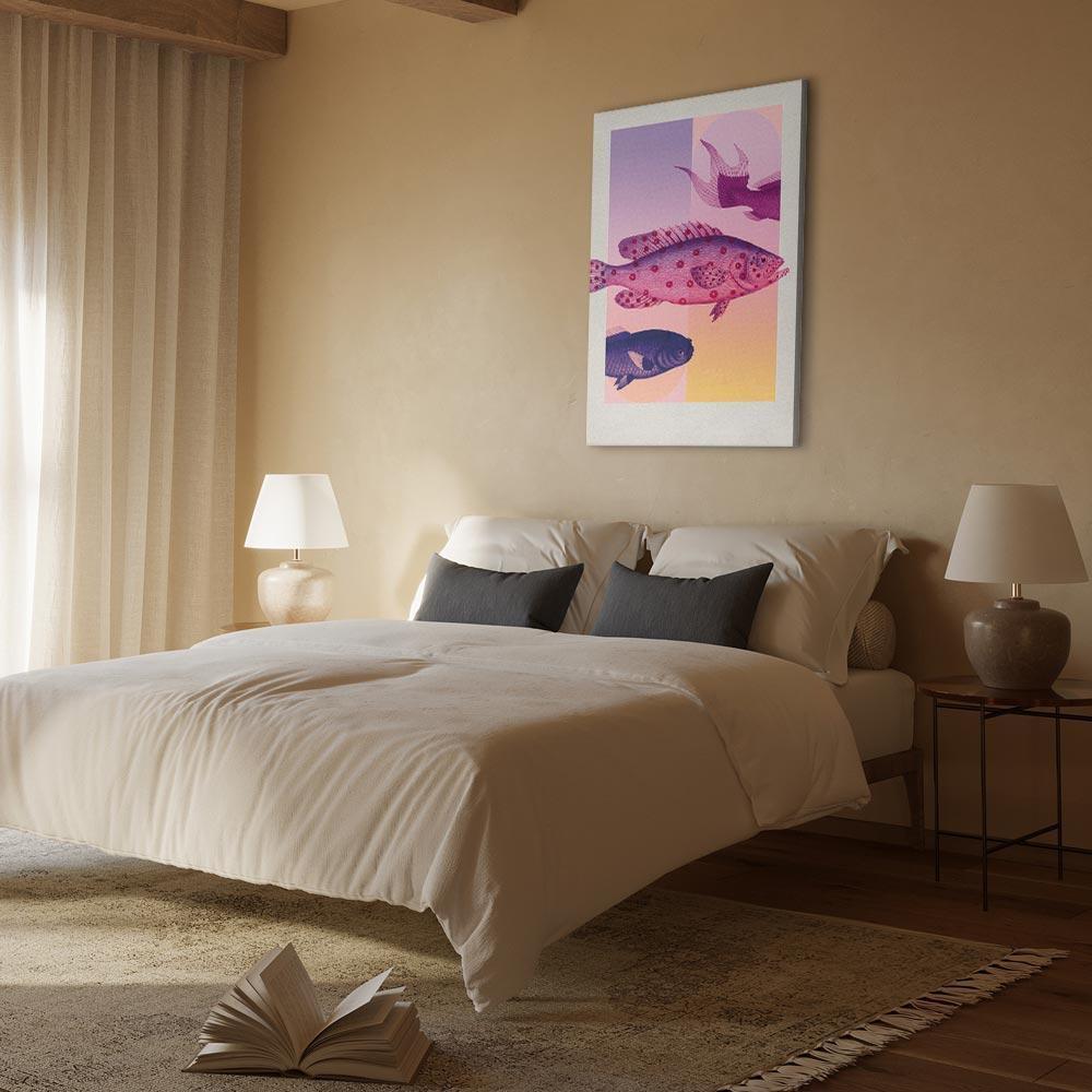 Obraz - Ryby w Pastelach - stylizowane ryby na tle gradientowych kształtów