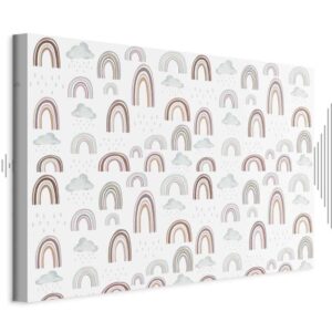 Obraz - Tęcze po burzy - Tęcze różnych wielkości w pastelowej kolorystyce wśród deszczowych chmur w odcieniu szaro-niebieskim