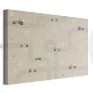 Obraz - Wyścig - kolorowe autka na drodze na beżowym tle z napisami