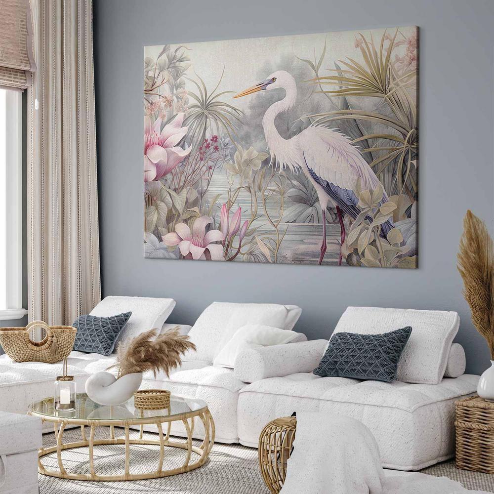 Obraz XXL - Czapla brodząca w stawie - ilustracja w jasnej kolorystyce