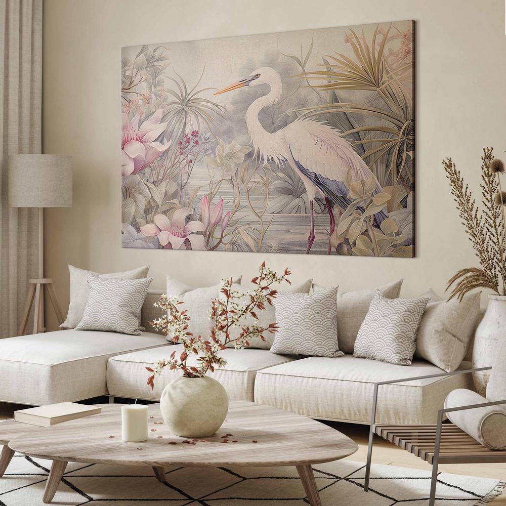 Obraz XXL - Czapla brodząca w stawie - ilustracja w jasnej kolorystyce