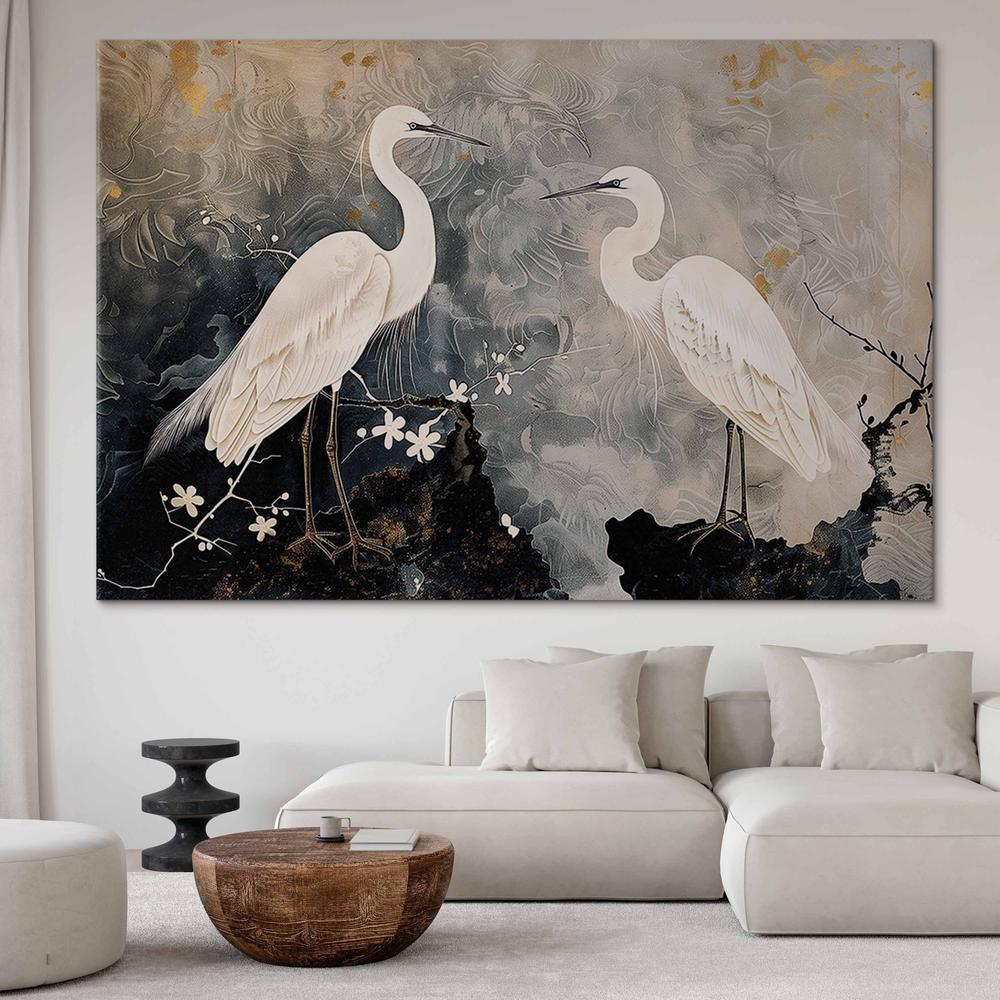Obraz XXL - Czaple i kwiat wiśni - ilustracja w orientalnym stylu przedstawiająca ptaki
