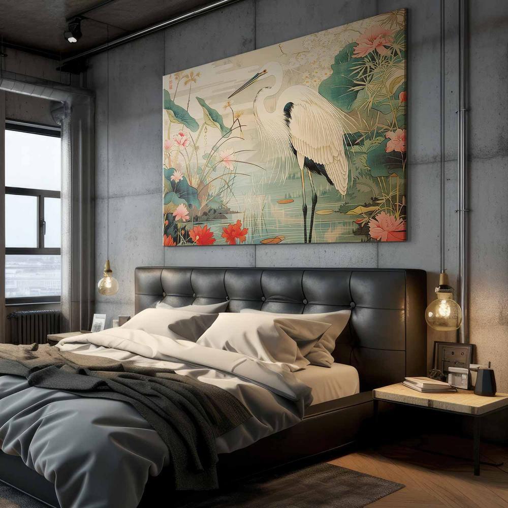 Obraz XXL - Nad azjatyckim stawem - ilustracja w stylu japońskiej ryciny, przedstawiająca czaplę