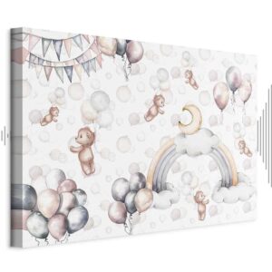 Obraz - Zabawkowe misie z balonikami - Latające pluszowe misie pośród balonów chmur i tęczy w subtelnej pastelowej kolorystyce
