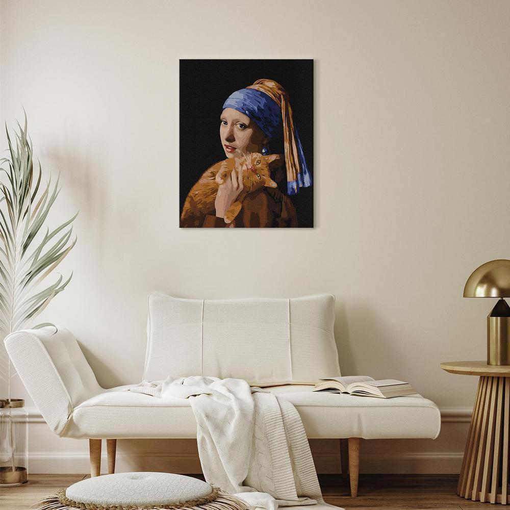 Obraz do samodzielnego malowania - Dziewczyna z perłą i rudym kotem