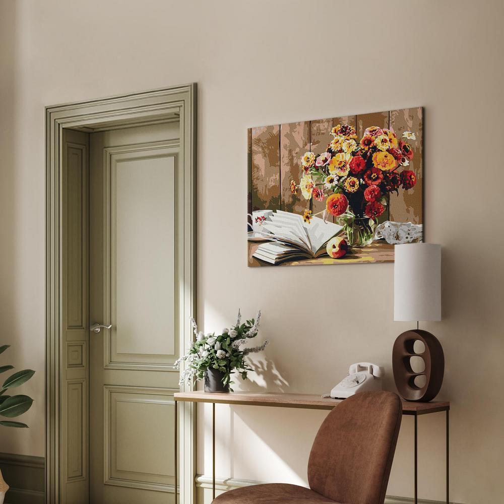 Obraz do samodzielnego malowania - Martwa natura z książką i kwiatami