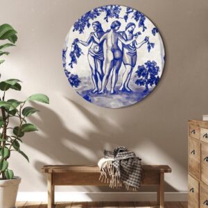 Obraz okrągły - Antyczna winnica - trzy kobiety w portalu malowane niebieskim tuszem