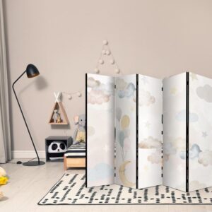 Parawan - Baśniowy księżyc - Księżyc z balonikami wśród chmur i gwiazdek w stonowanych kolorach na jasnym - beżowym tle