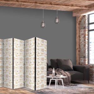 Parawan - Beżowe odcienie natury - kwiaty i motyle na białym tle - ilustracja