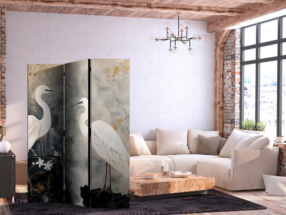 Parawan - Czaple i kwiat wiśni - ilustracja w orientalnym stylu przedstawiająca ptaki