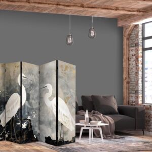 Parawan - Czaple i kwiat wiśni - ilustracja w orientalnym stylu przedstawiająca ptaki