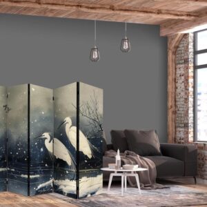 Parawan - Czaple nad zimowym stawem - ilustracja w stylu japońskiego w ciemnej kolorystyce