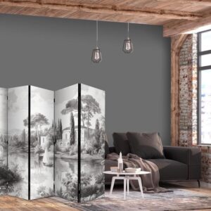 Parawan - Czarno-biały pejzaż vintage - retro widok na staw z łódką