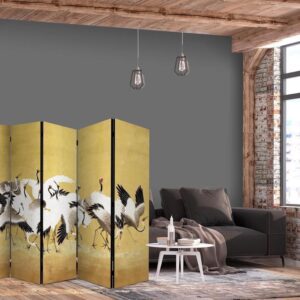 Parawan - Japońskie żurawie - stado ptaków na tle w odcieniu złota na podstawie obrazu Ishida Yūtei