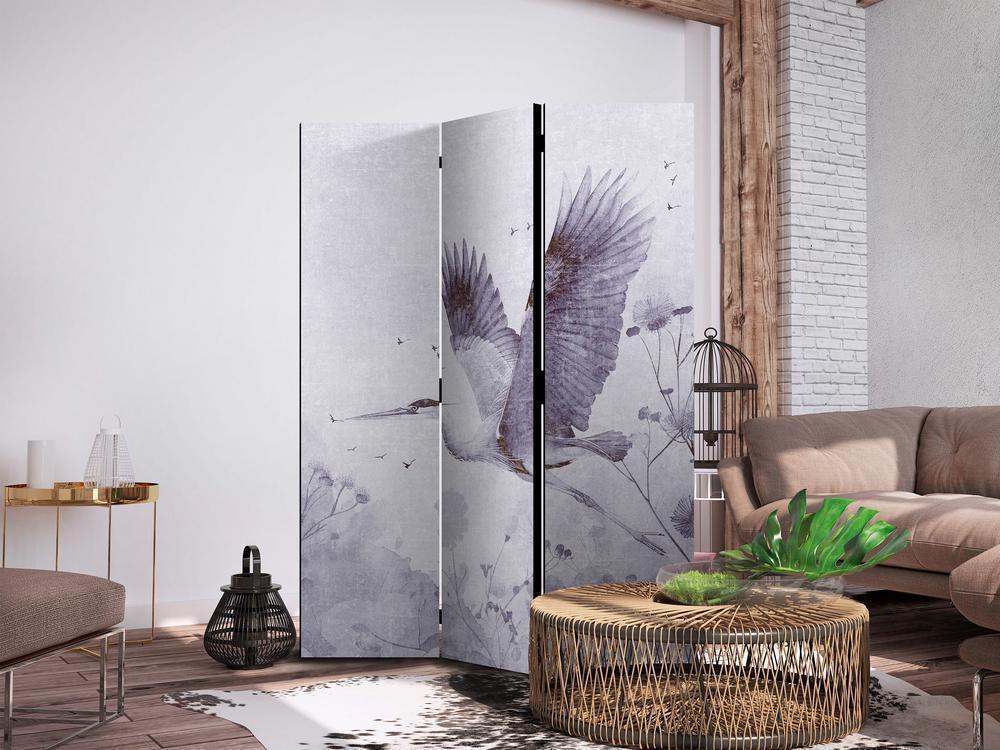 Parawan - Majestatyczny lot - żuraw w locie w monochromatycznej, chłodnej kolorystyce