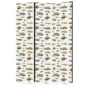 Parawan - Niezwykłe gatunki ryb - Gromada ryb w stonowanej kolorystyce w stylu retro na tle z beżowych kreseczek