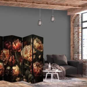 Parawan - Okazałe tulipany - bukiet kwiatów w czerwieni i bieli na czarnym tle