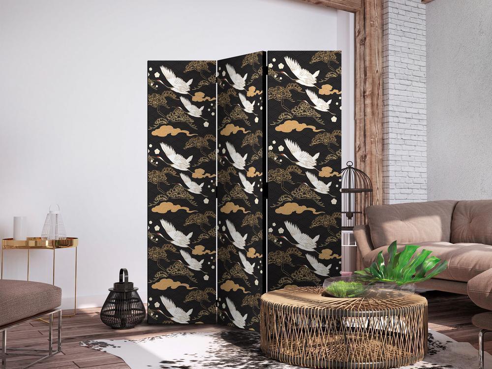 Parawan - Orientalne impresje - dekoracyjny wzór z motywem lecących żurawi na ciemnym tle