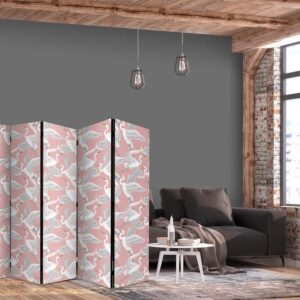 Parawan - Pastelowe ptaki - delikatny wzór w biało-szare czaple na jasno-różowym tle