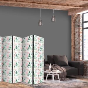 Parawan - Piwonie - różowe i białe kwiaty i zielone listki na białym tle